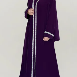 Luxury Purple Abaya with Silver Embellished Trim – Elegant Modest Wear for Women